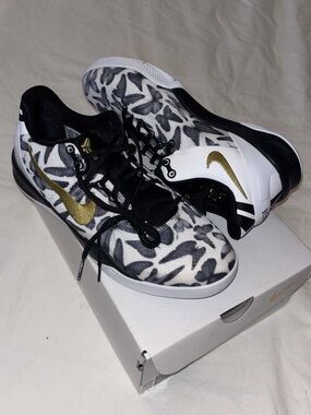 Nike Black & White Floral Low-Top Sneakers with Gold Swoosh